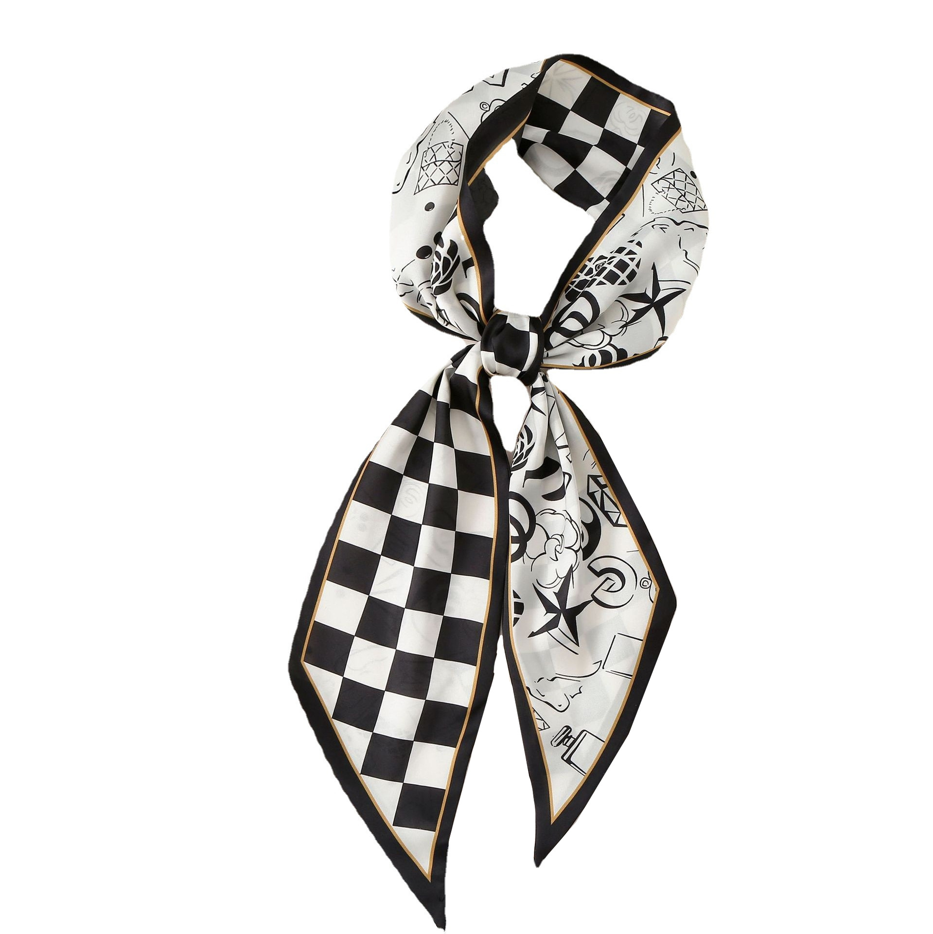 Pañuelo de seda cinta de las Mujeres Nuevo estilo coreano artístico de doble cara impresa larga pequeña bufanda de seda tablero de moda Pañuelo de corbata de pelo a cuadros