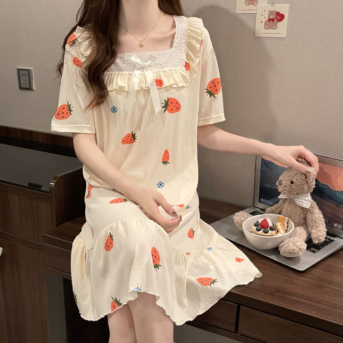 2024 pijama de mujer pijama de algodón de verano de manga corta encaje largo fresco ropa de hogar de estudiantes al por mayor