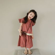 女童小飞袖格子套装2024夏季新款女宝宝时尚网红个性洋气夏套装潮