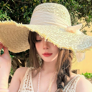 法式蝴蝶结遮阳草编帽女夏季大檐防紫外线出游沙滩帽防晒太阳帽