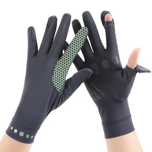 Sun protection gloves, thin, quick-drying ice silk fabric, non-slip, breathable, ice-feel for couples while driving, honeycomb leakage for two fingers L0