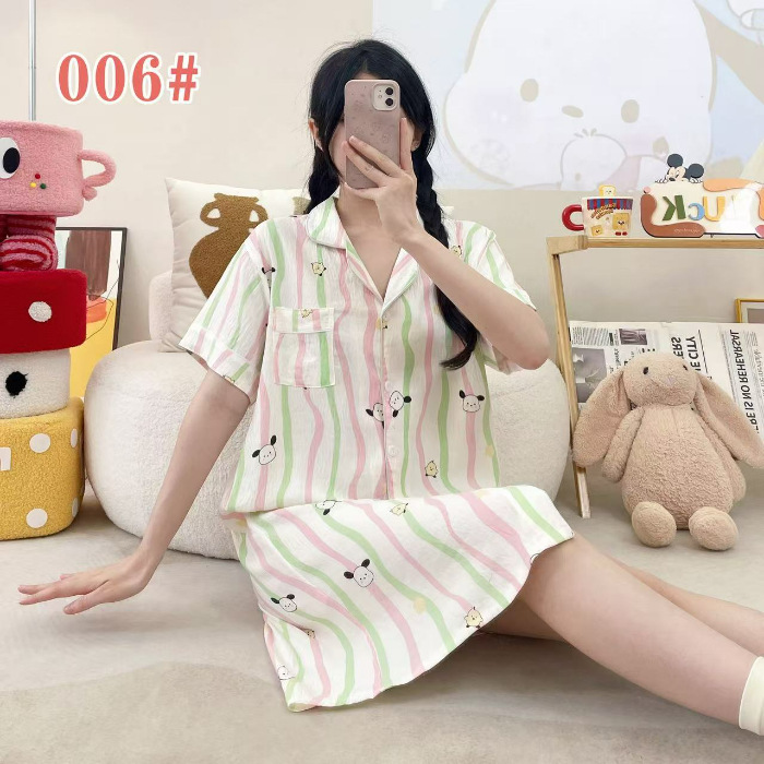 Pijama de verano de manga corta cardigan con solapa impresión de dibujos animados nubes de algodón dulce suelto medio largo vestido transfronterizo