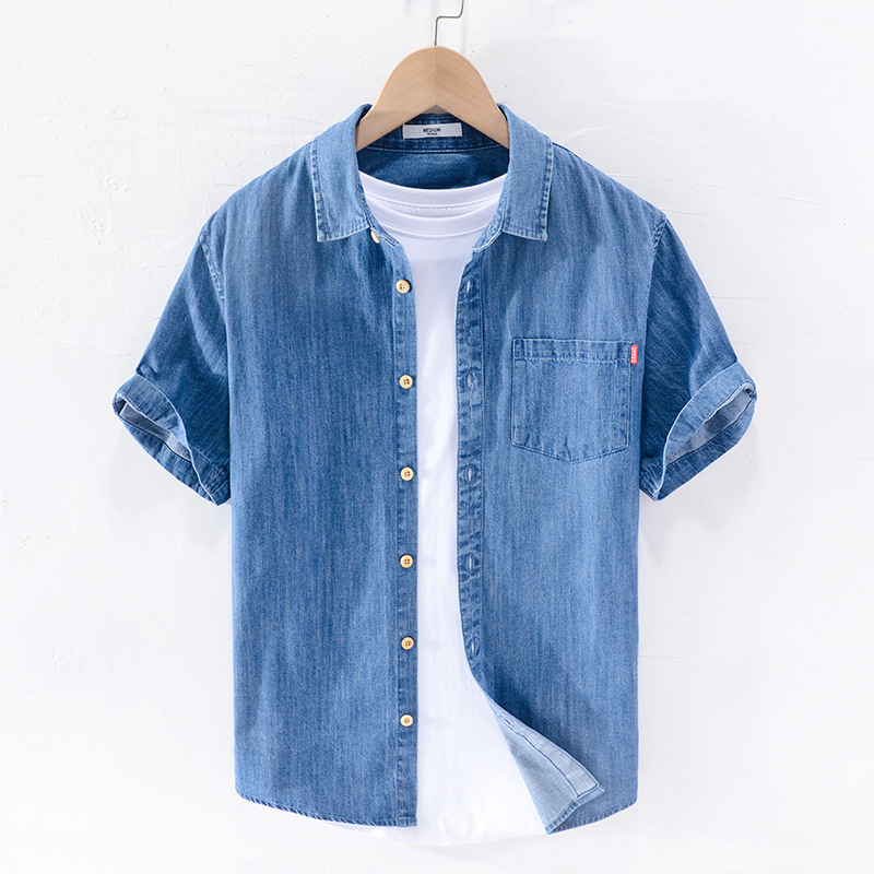 Denim Shirt Men's Thin Summer Half-Sleeved Casual Tops Men's Loose Trendy Handsome Men's Shirts Short-Sleeved Clothes