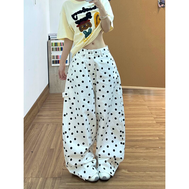 White Polka Dot Curved Hem Jeans for Women, 2026 Summer New Style, Relaxed and Lazy Style, Loose Wide-Leg Pants White Polka Dot Curved Hem Jeans for Women, 2026 Summer New Style, Relaxed and Lazy Style, Loose Wide-Leg Pants