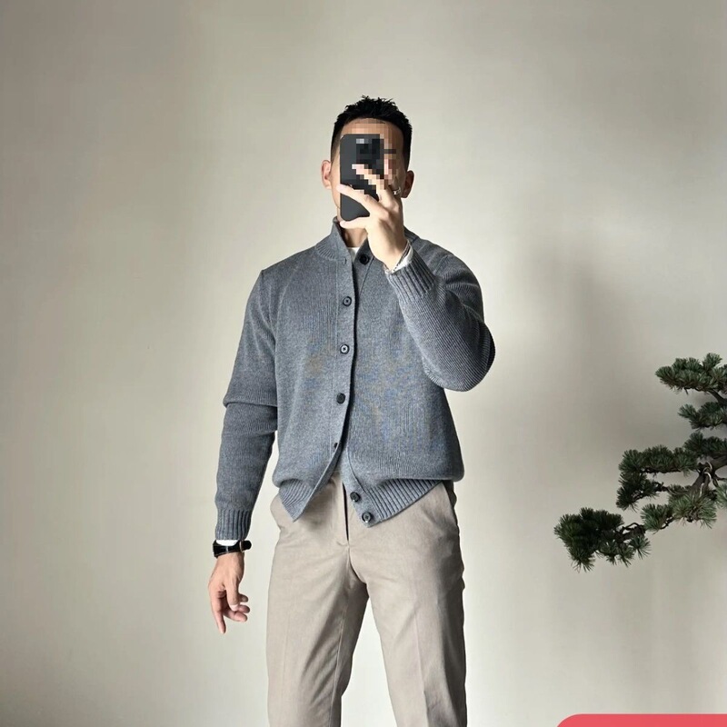 European Autumn and Winter New Men's Knitwear Fashion Urban Classic Stand Collar Heavy Simple Trendy Sweater Jacket Men