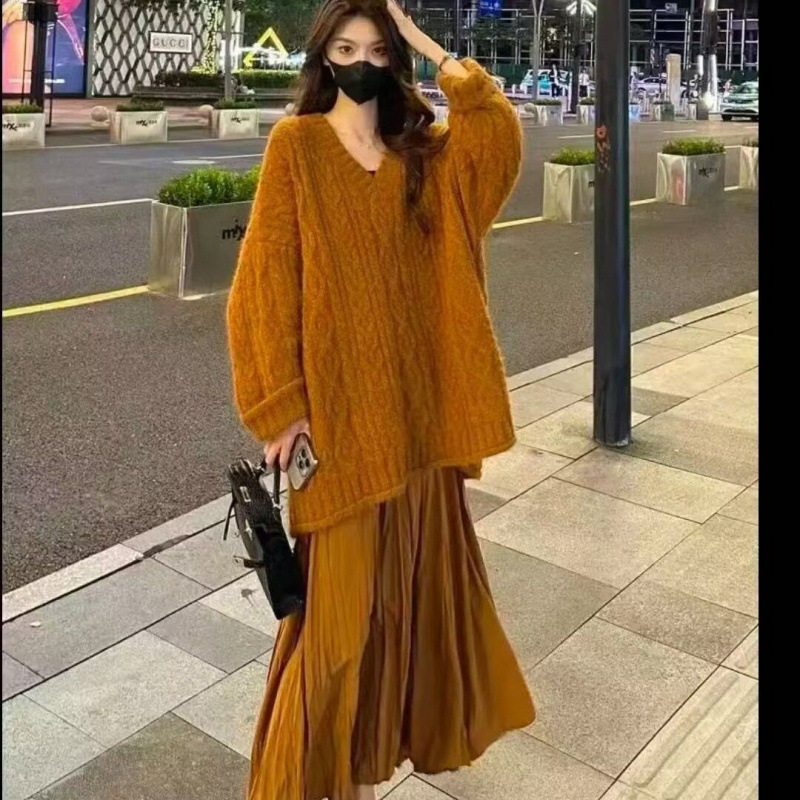 慵懒风v领麻花长袖针织衫女秋季韩系穿搭宽松软糯毛衣中长款上衣|undefined