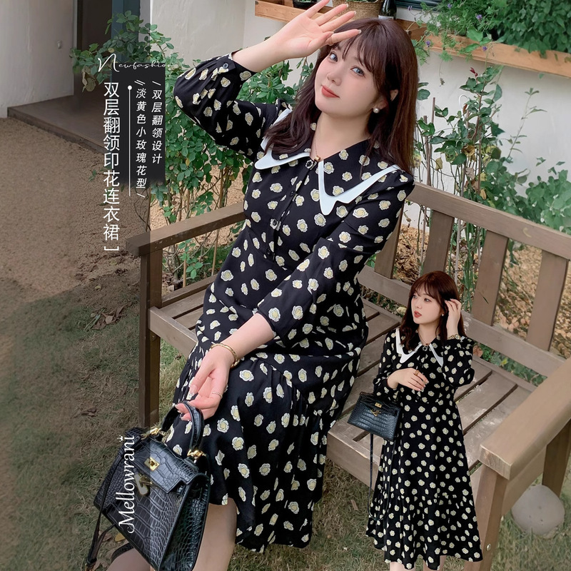 Beautiful K2253 Plus-Size Women's Spring Dress, Slightly Chubby mm Cake Dress with Double-Layered Lapel, Long Dress for Chubby Girls