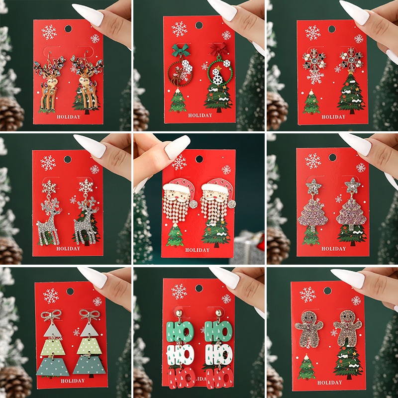 跨境个性首饰圣诞节合金耳钉圣诞帽麋鹿点钻圣诞树姜饼人耳饰批发