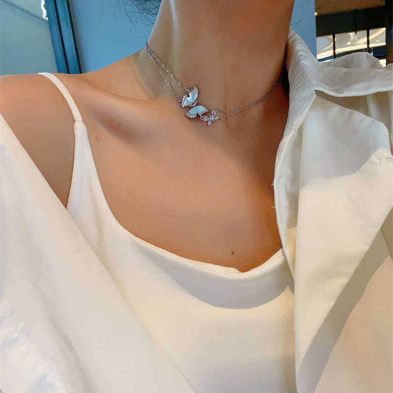 小众设计高级感双层白贝蝴蝶项链女简约短款颈链气质精致锁骨链|undefined