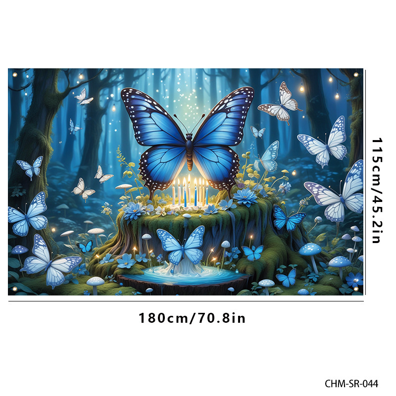 跨境新款 生日快乐蓝色蝴蝶森林生日背景 生日派对装饰布置背景布|undefined