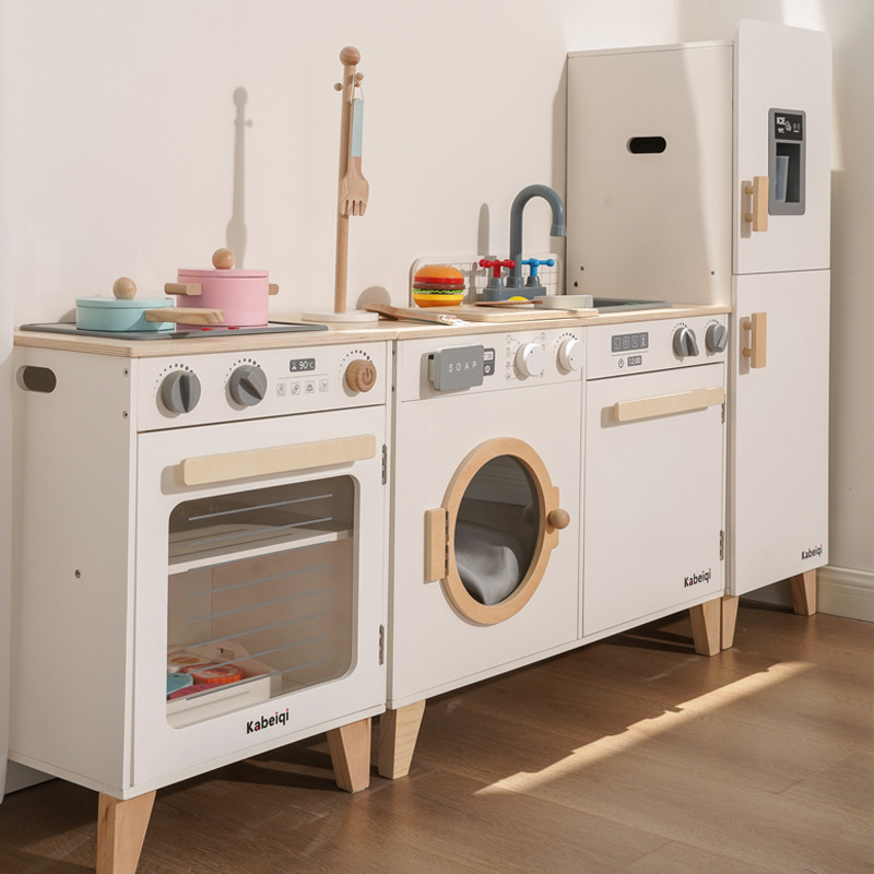 Muebles de juegos para niños de madera, simulación, refrigerador, cocina, lavadora, estufa, simulación, cocina, juguetes, cocina, cocina interactiva