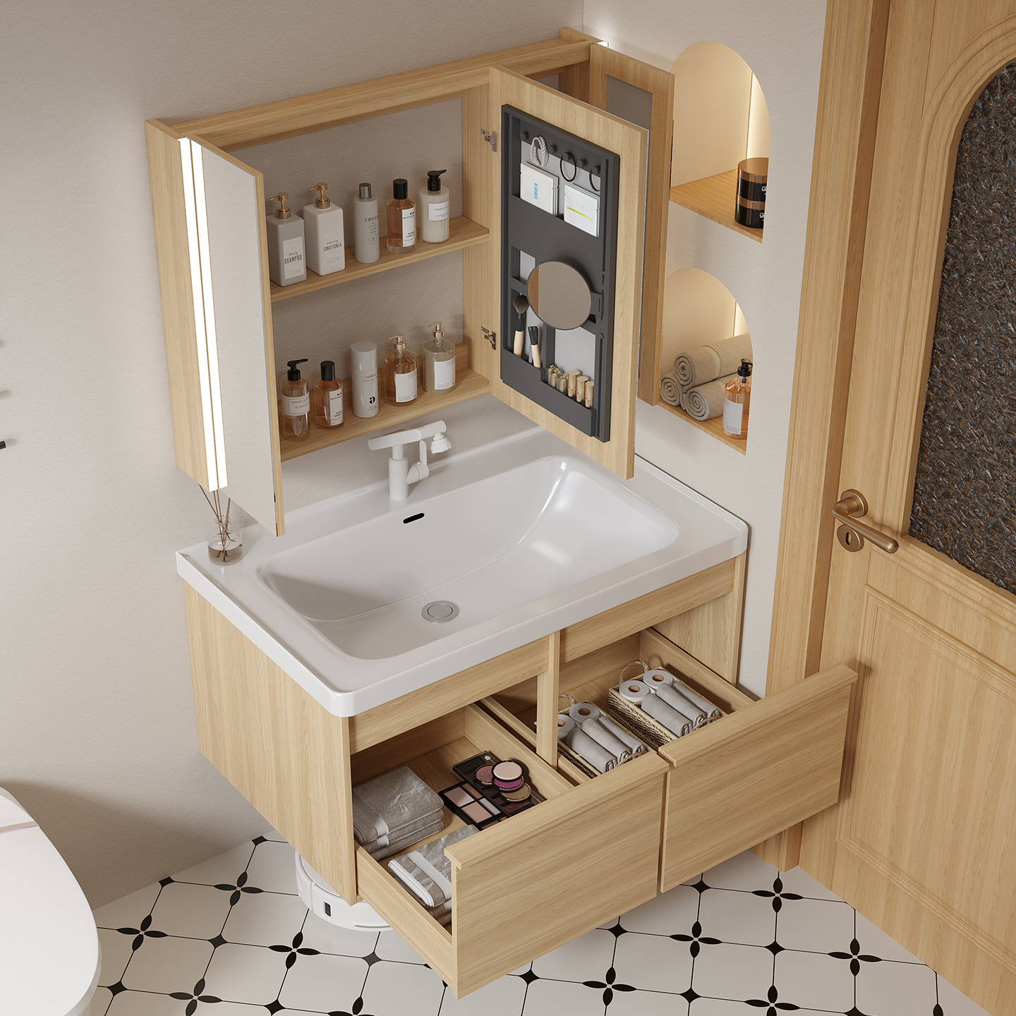 Viento de tronco estilo japonés nuevo lavabo cerámico integral con cajón profundo 18cm multicapa gabinete de baño de madera sólida combinación image 3