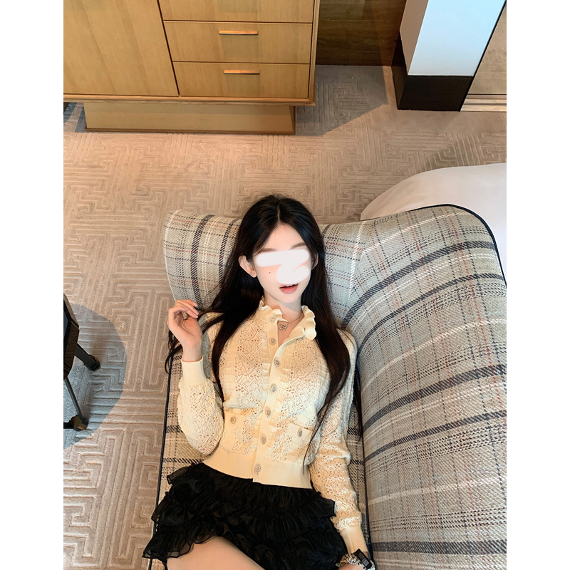早安樊樊「Fluffy甜奶芙」花边镂空针织开衫+背心套装女早秋|undefined