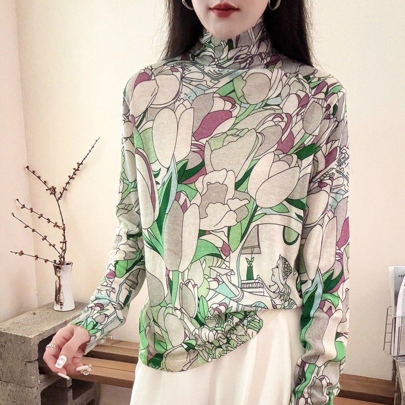 100%水溶羊毛印花薄款打底衫欧货高领套头上衣女2025秋季新款毛衣|undefined