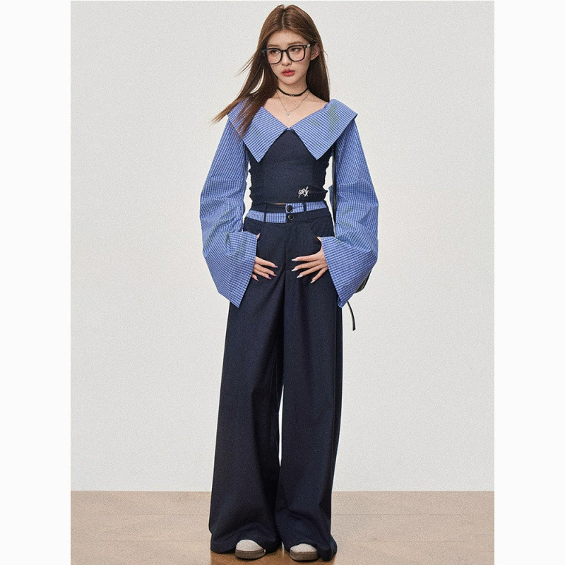 Весенний новый американский стиль, модный топ с одним плечом в полоску, утягивающий топ, повседневные брюки для колледжа, утягивающий костюм