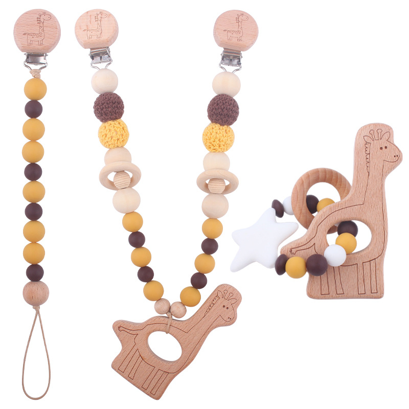 Nuevo bebé suministros de dibujos animados animal patrón Haya clip calmante bebé chupete cadena coche colgando mordedor conjunto de tres piezas