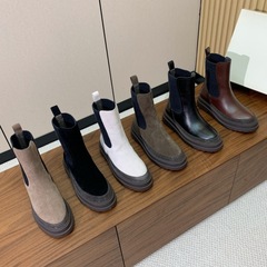 BC英倫風復古スエードチェルシーブーツ丸首牛革手作りビーズチェーン