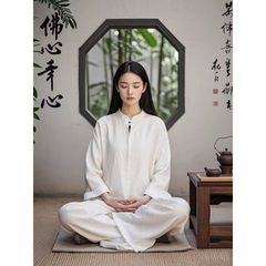 打坐疗愈师禅服禅意佛系女装年轻款中国风白色素衣居士服套装