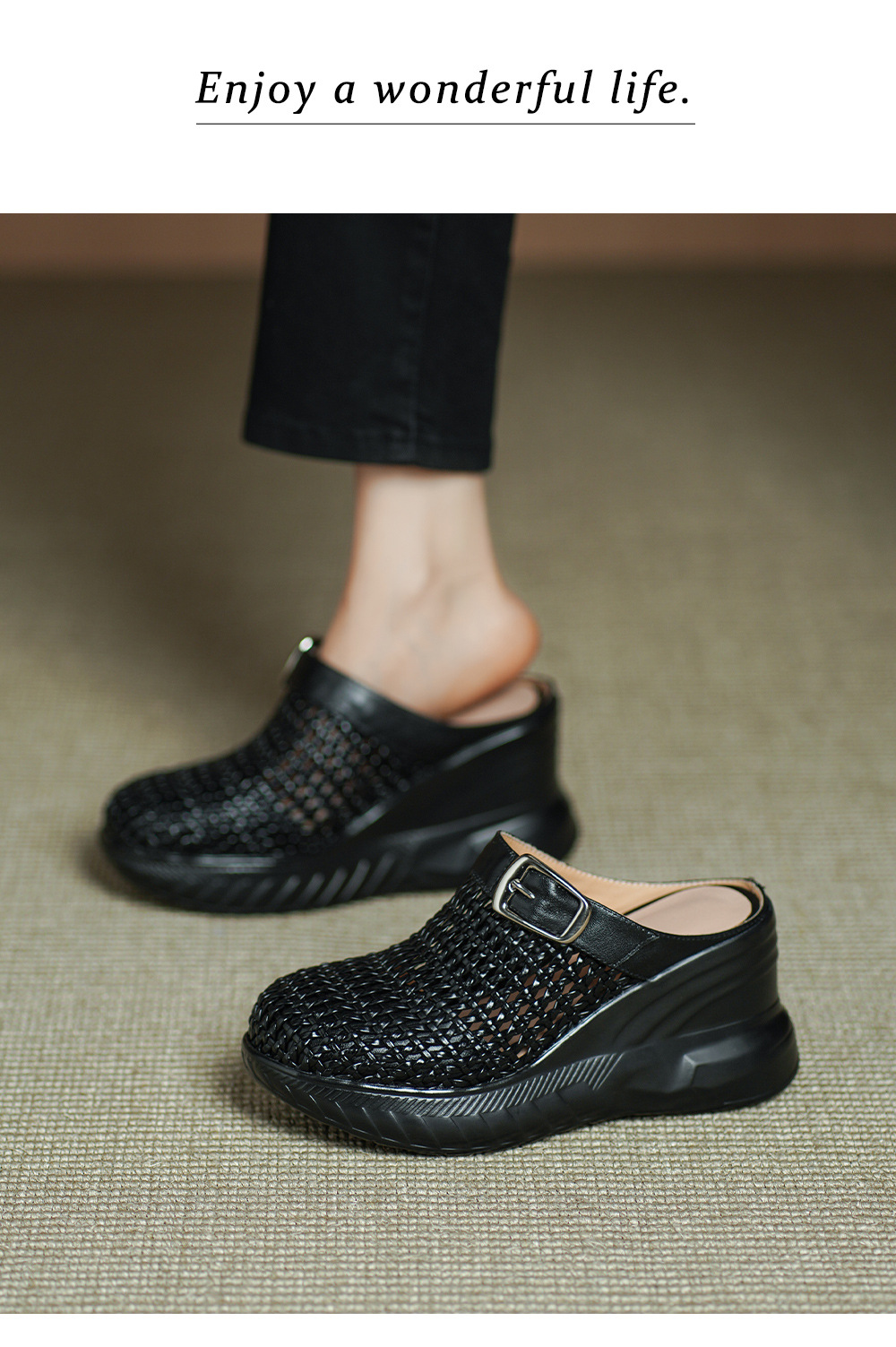 Sandal cao gót nữ mũi hở đế xuồng 8.5cm da thật kiểu La Mã đan lưới — màu đen, màu mơ chi tiết 7