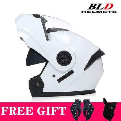 Motosiklet kaskı (dəbilqə) – Electric Vehicle Helmets, Dual-Lens Flip-Up - white-transparent-lens-comes-with-mask-gloves-s55-56