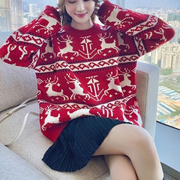 European and American Cross-Border Christmas Red Elk Knitwear Women's Autumn and Winter New Loose Lazy Style Thickeneded Retro Knitwear Trend