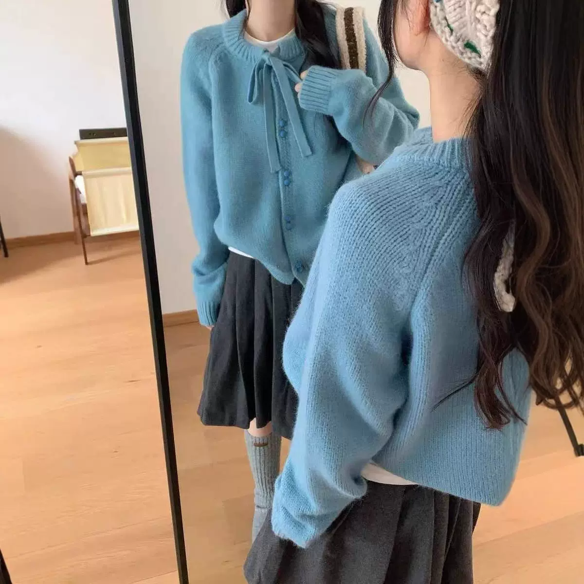 慵懒感针织开衫外套女2025秋冬季韩系穿搭蓝色毛衣超好看针织女装