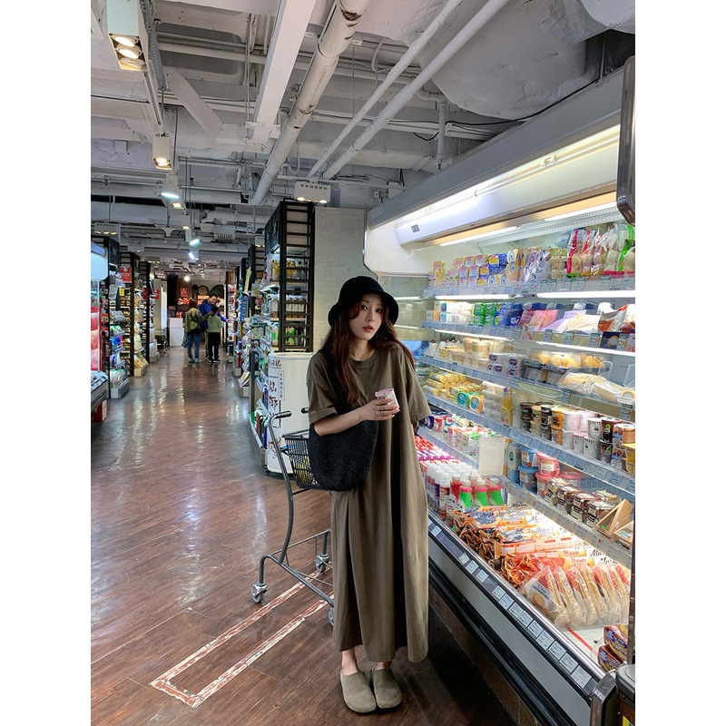 61187 # Yumomo Cloud Dwelling Diary Row Style T-Shirt Dress, Lazy Loose H Round Neck Short Sleeve T-Shirt Dress