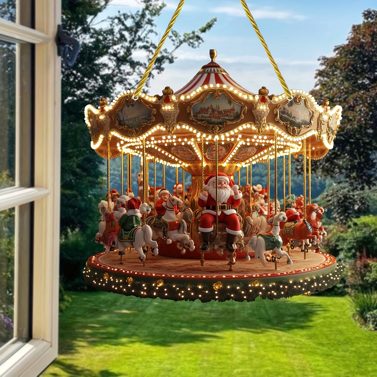 跨境圣诞老人旋转木马亚克力太阳捕捉器亚克力挂件门廊窗饰挂牌
