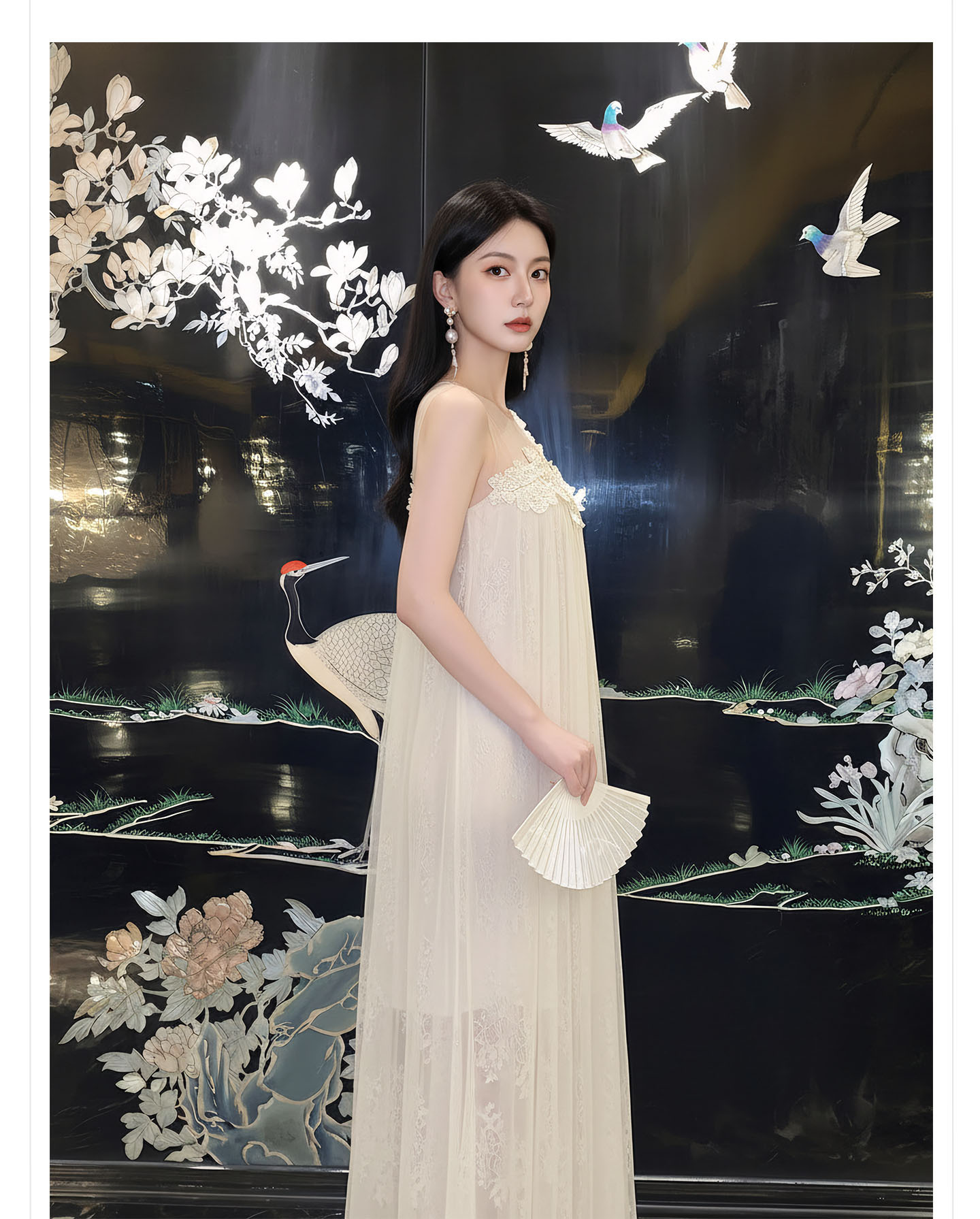 Đầm maxi nữ thắt eo ren hoa nổi lãng mạn phong cách nghỉ dưỡng — màu trắng ngà chi tiết 7