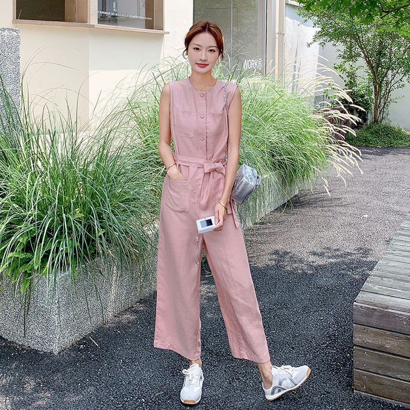 Pink Sweet Tencel Sleeveless Jumpsuit for Women Summer New Style Petite Casual Linen Nine-Point Wide-Leg Jumpsuit