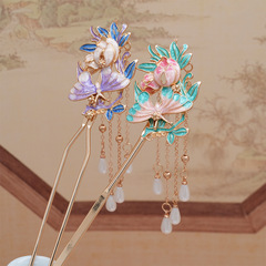 新作古風合金蝶恋花簪景泰藍流蘇歩揺簪気質女性レトロ三穴ヘアアクセサリー