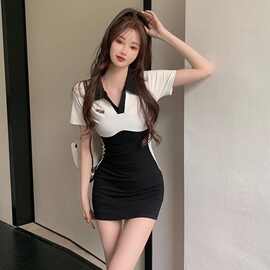 2026年夏季新款气质短袖黑白拼色包臀连衣裙工作服显瘦夜场服装女