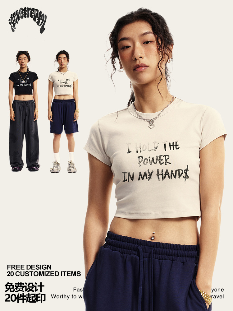 2025 verano americano moda hot girl INS estilo delgado ropa de mujer sexy letras de cuello redondo camiseta de manga corta