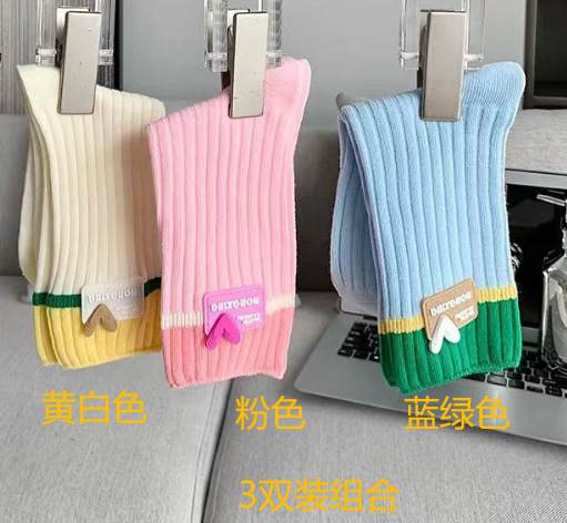 多巴胺女袜子四季款中长筒堆堆袜薄款粉短袜拼色刺绣Socks跨境夏|undefined