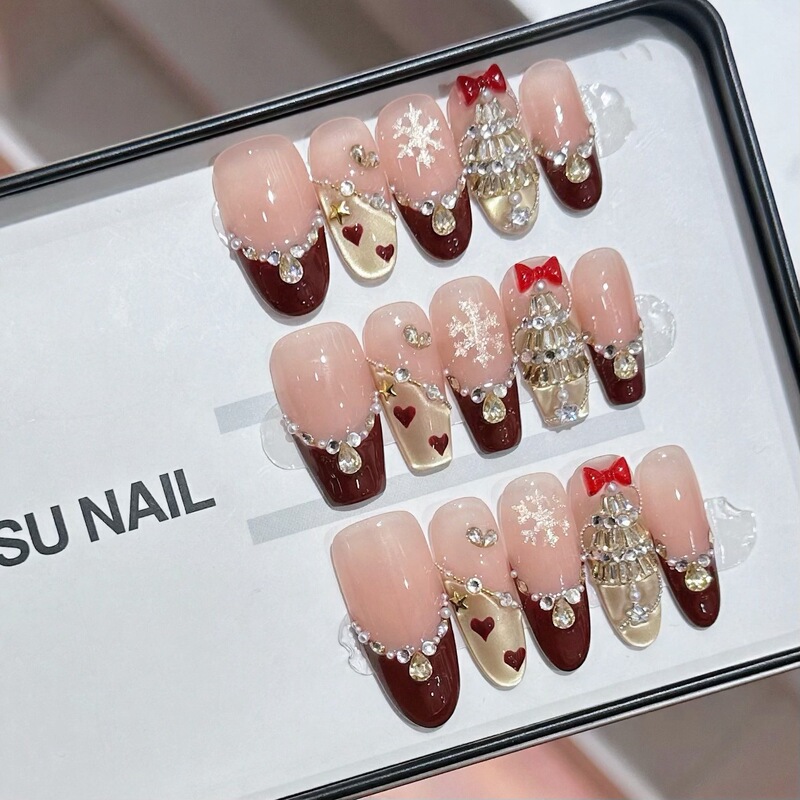 [Christmas Party] Red French Christmas Tree Niche Design Wearable Nail Patches Removable Nail Patches