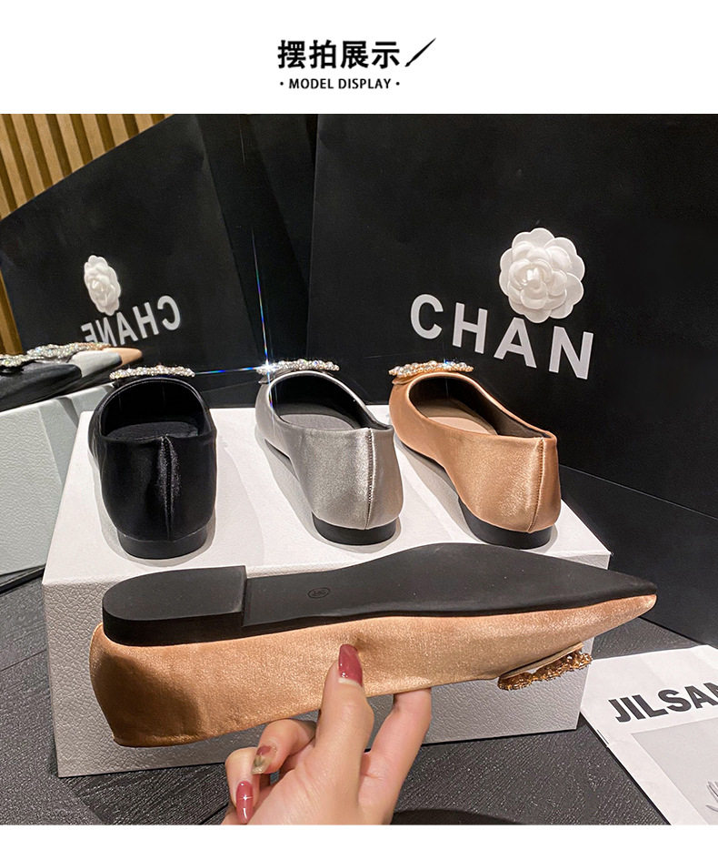 Giày búp bê nữ mũi nhọn gót thấp khóa vuông đính đá, đế cao su — Màu bạc, Màu vàng, Màu đen chi tiết 28