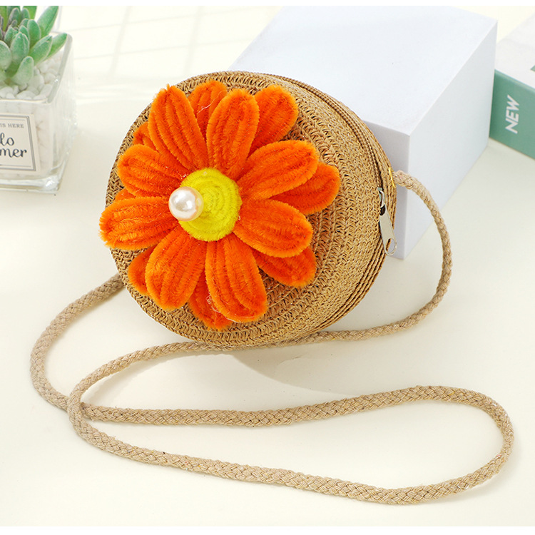 67g Weight Weave Fashion Element Zipper Closure Type Single Shoulder Strap Strap Type Straw Bag Bags Type Casual, Holiday Occasion Straw Material Flower Pattern Spring&Summer Season Kid'S Gender Cute Style Round, Bucket Shape Kid'S Straw Flower Cute Weave Round Bucket Zipper Straw Bag 8