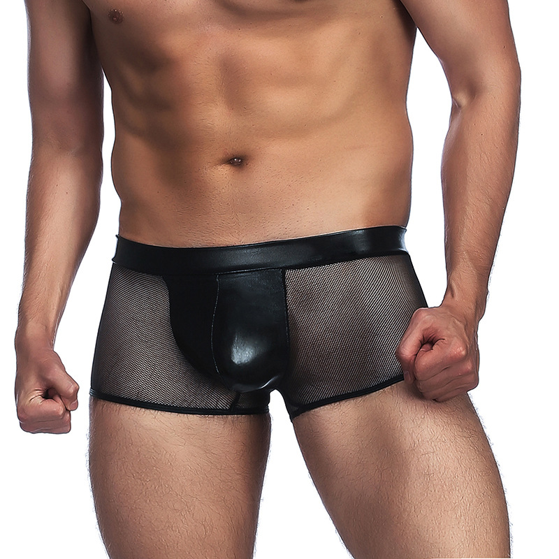 Amazon hombre grande sexy pantalones íntimos negros de malla transparente de ángulo plano hueco pantalones cortos de piel transparente