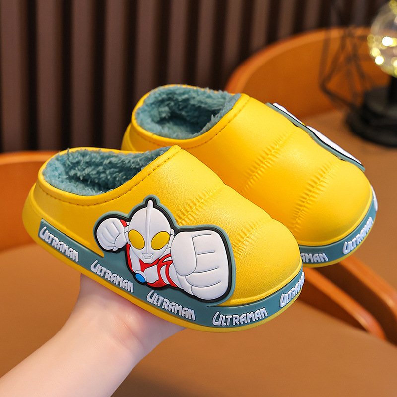 Ultraman Winter Zapatillas de algodón para niños antideslizantes impermeables con forro polar cálido para niños en casa