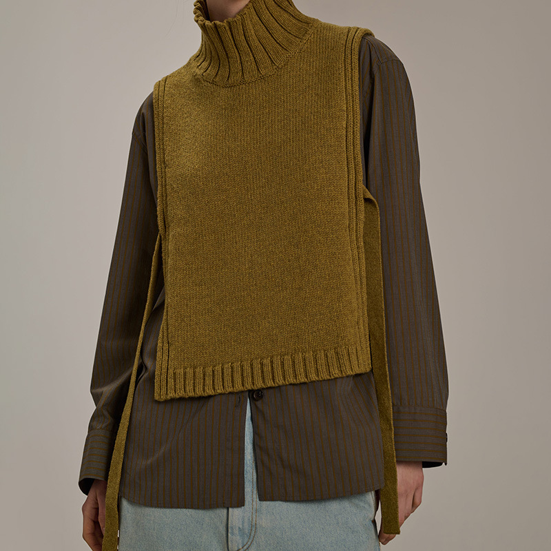 2024 European and American Cross-border Autumn and Winter Fashion New Retro High-collar Sleeveless Casual Knitted Lace-up Sweater for Women