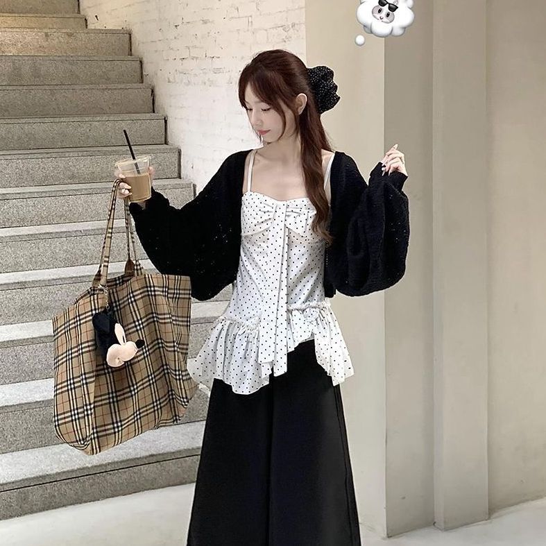Korean-Style Retro Irregular Polka Dot Halter Top for Women Paired with a Black Hollow-Out Knit Cardigan Two-Piece Set