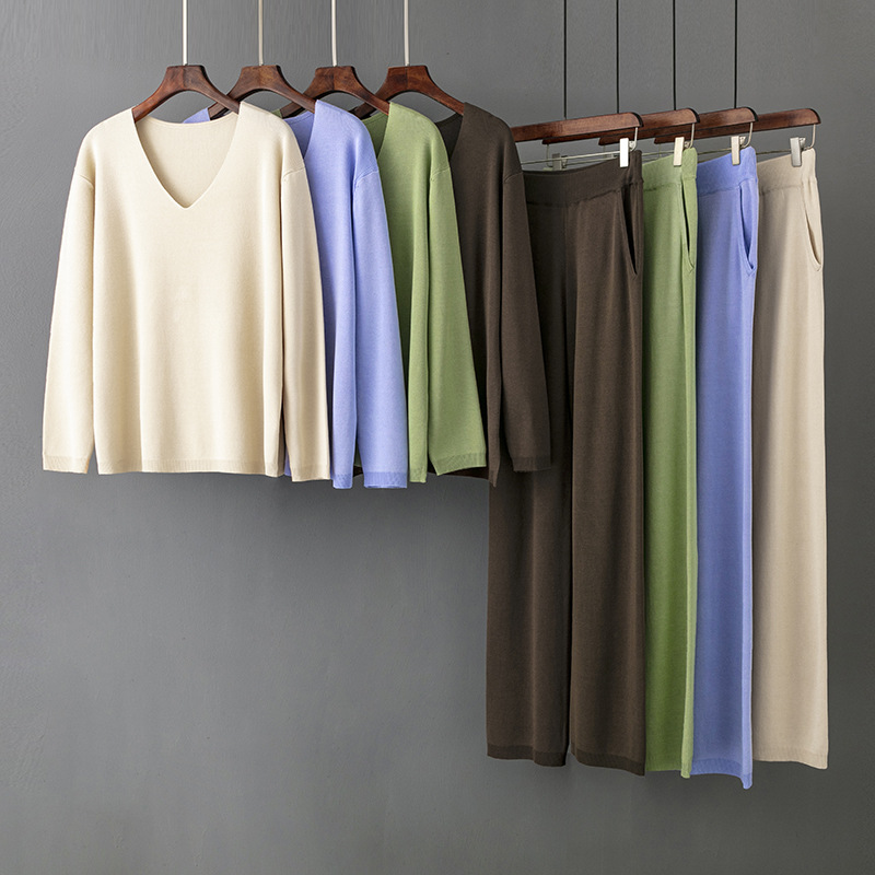 Solid Color V neck Ice Silk Suit Spring Autumn Loose High Waist Casual Two Piece Sweater