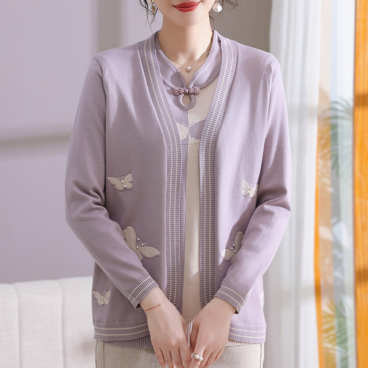 中老年春秋薄款开衫中年套装妈妈针织衫秋装两件套毛衣女士打底衫|undefined
