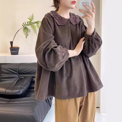 日系森系上衣女复古灯芯绒娃娃衫秋冬日系娃娃领长袖宽松衬衫