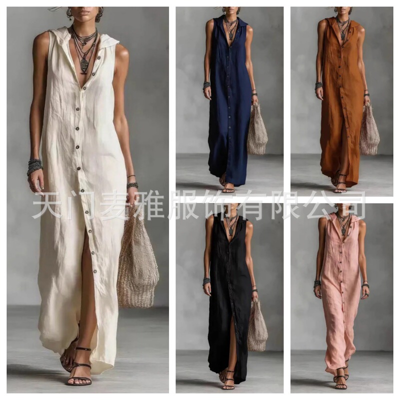 Independent Website 2026 Summer European and American Aliexpress New Cross-Border Style Buttoned Dress Sleeveless Hooded Long Dress Women's Clothing