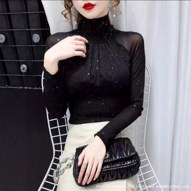 Mesh Inner Lace Top, High-End Sexy French Retro Bottoming Shirt, Tight-Fitting, Stylish Long-Sleeved Fashionable Shirt for Women