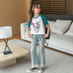 俏呀呀2024年夏季休閒風卡通T恤B類棉短袖圓領設計女中大童套裝