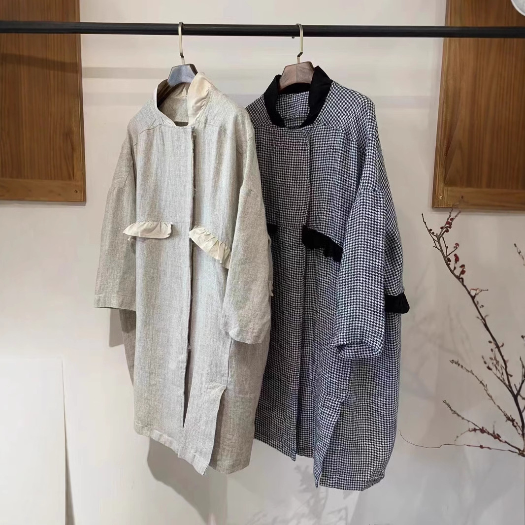 Japanese-style Linen Coat Coat Women's Spring New Style Spelling Lotus Leaf Lace Age-reducing Artistic All-match Mid-length Top for Women