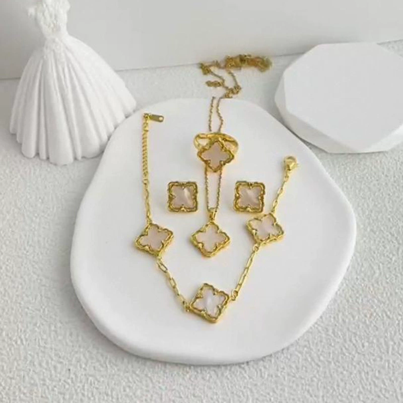 Комплект, колье, двухсторонние серьги из нержавеющей стали, кольцо, браслет, европейский стиль, четырёхлистный клевер, лёгкий роскошный стиль