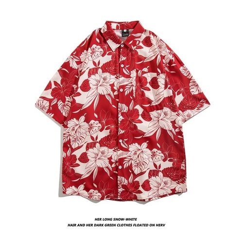 Hawaiian floral shirt men's short sleeve Thailand Hong Kong style Baroque cool crew neck shirt beach seaside vacation chiffon jacket